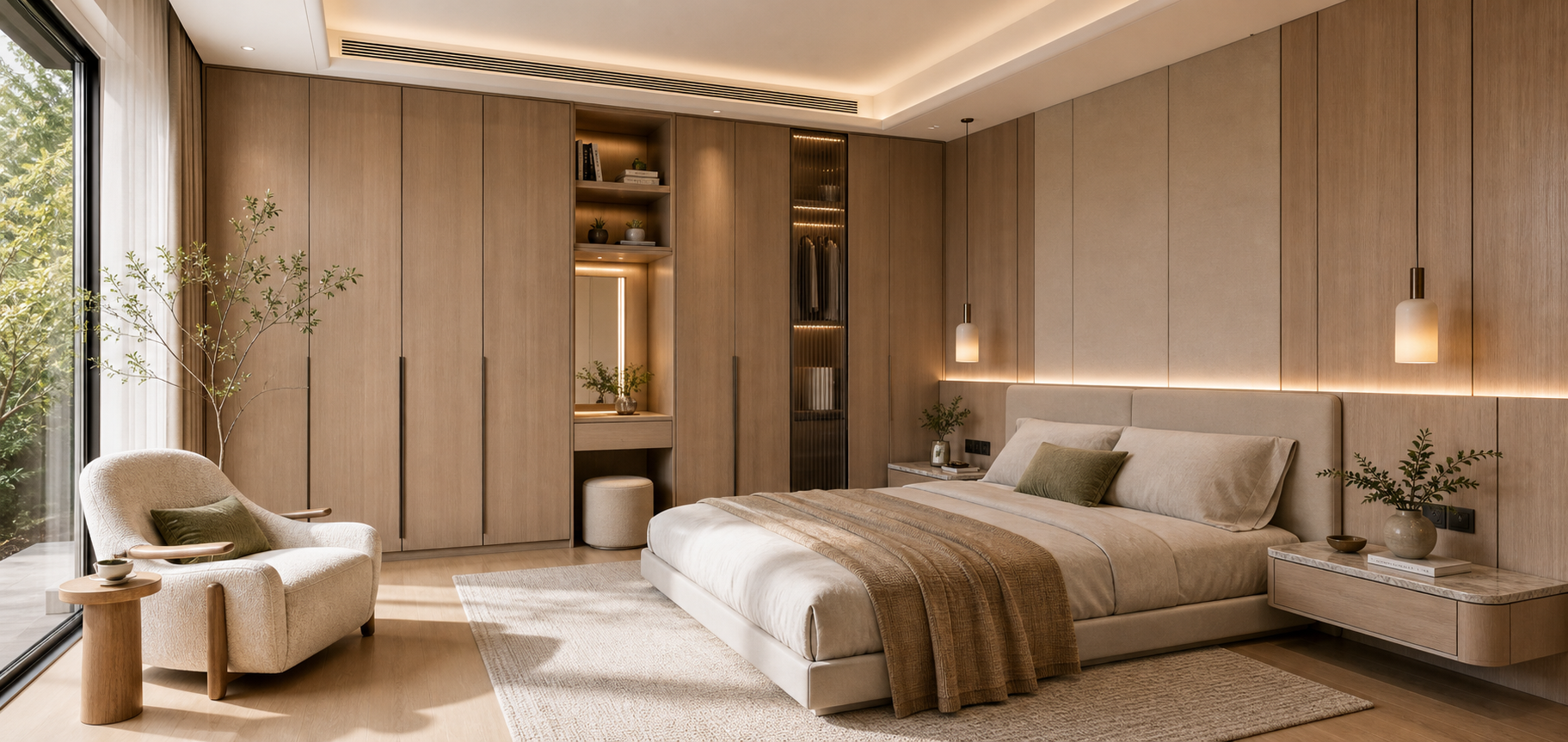 Calm bedroom interior showing coordinated material comfort